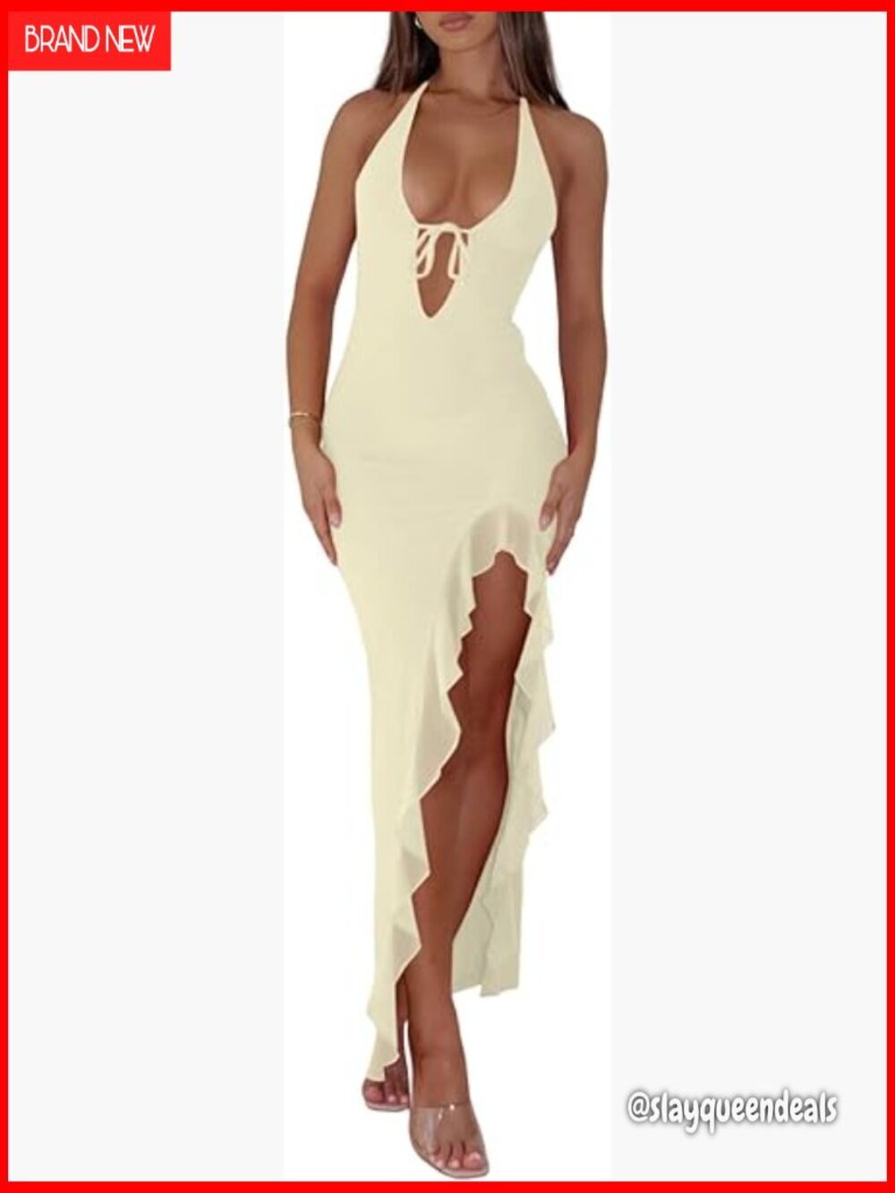 Halter V-Neck Maxi Dress Mesh Ruffle Hem Bodycon Backless High Slit